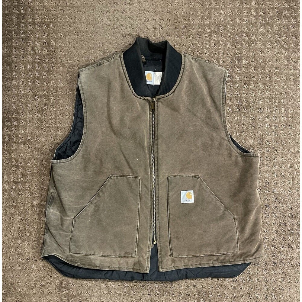 Vintage 90s Carhartt V02 CHT Full Zip Vest Brown Quilt Lined Mens 2XL Made USA